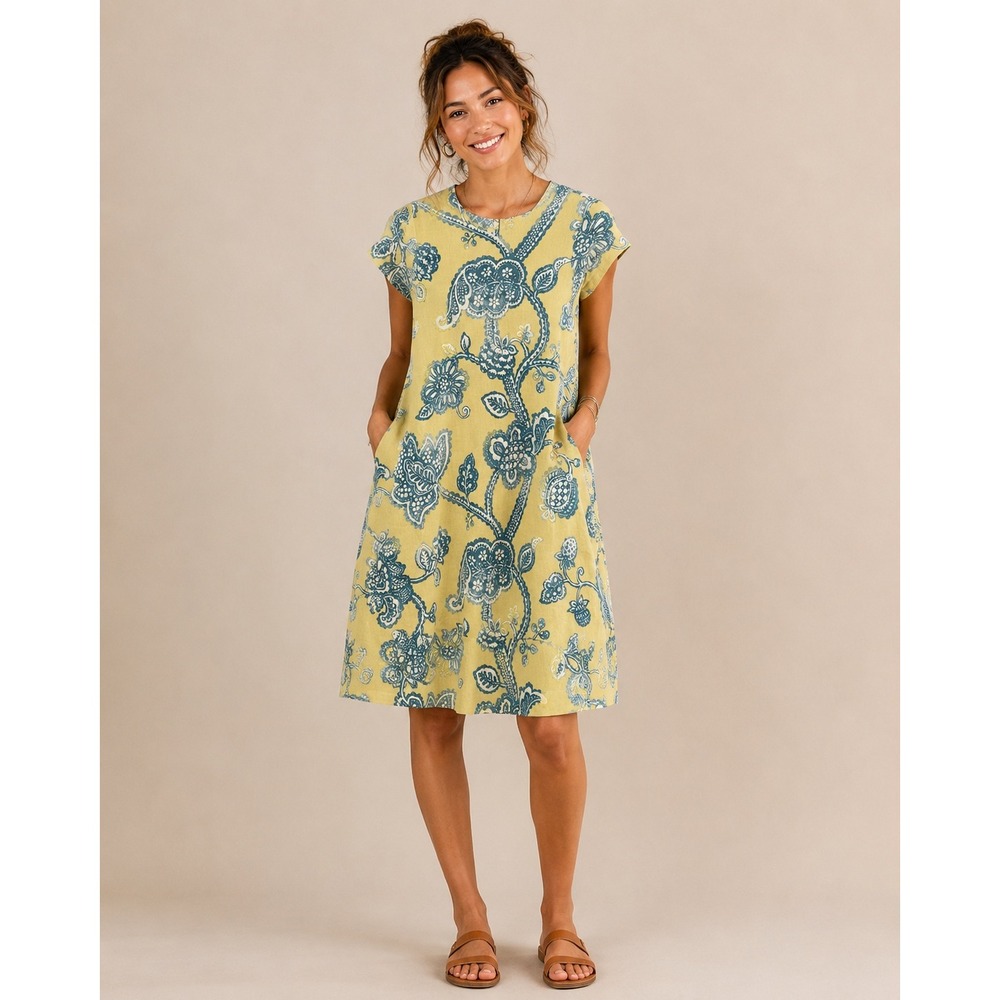 J.McLaughlin for Dillard's Yellow Blue Floral Linen Shift Dress Pockets L